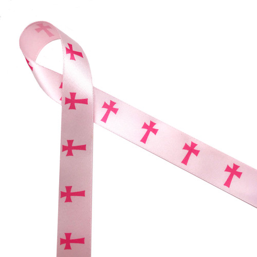 Pink crosses printed on 7/8" light pink single face satin ribbon is the perfect ribbon for Christian celebrations and sacraments.
This is the perfect ribbon for girl Baptisms, communions and confirmations!