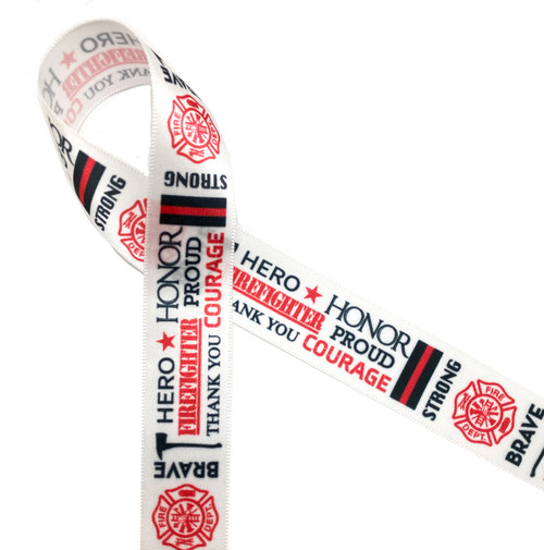 Firefighter word block printed in red and black on 7/8" white single face satin ribbon