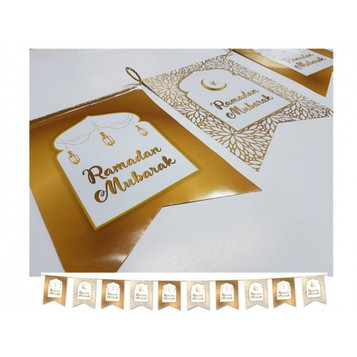 RAMADAN MUBARAK PRINTED PAPER FLAGS: White and Gold image RAMADAN MUBARAK PRINTED PAPER FLAGS: White and Gold image