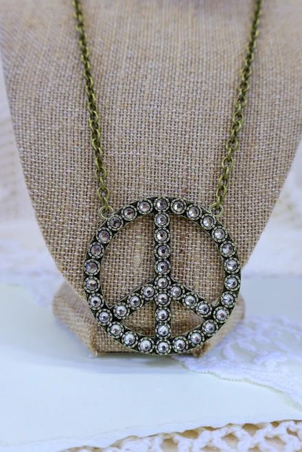Peace, Love, And Rhinestones Necklace - Brass