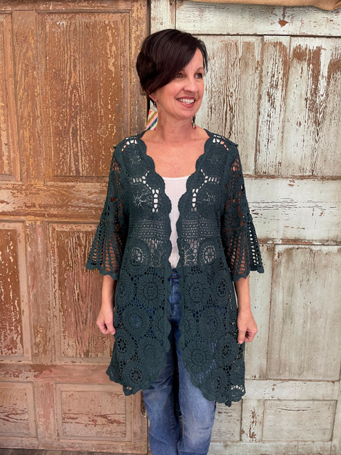 Match Made In Heaven Crochet Cardigan - TEAL