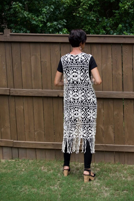 Long Crochet Vest With Fringe - CREAM