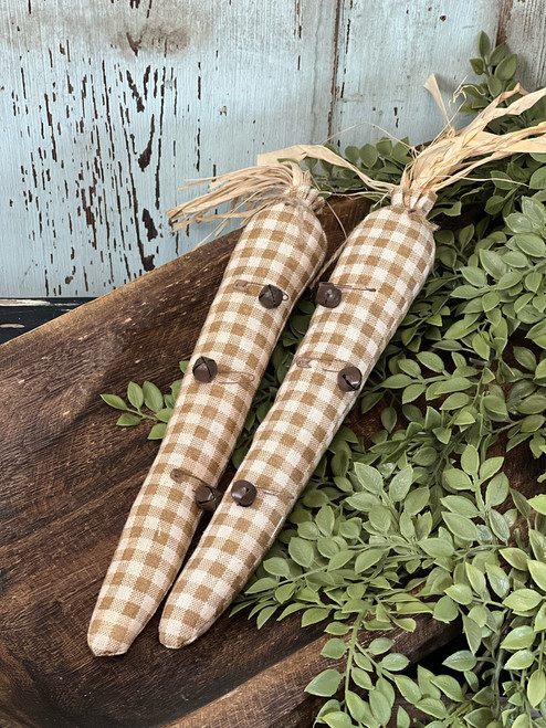 Tan And Cream Buffalo Check Fabric Carrots With Rusty Jingle Bells (set of 2) Tan And Cream Buffalo Check Fabric Carrots With Rusty Jingle Bells (set of 2)