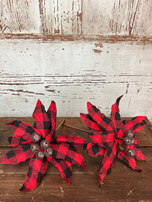 Buffalo Check Jingle Bell Poinsettia Stem - 7" (set of 2) Buffalo Check Jingle Bell Poinsettia Stem - 7" (set of 2)