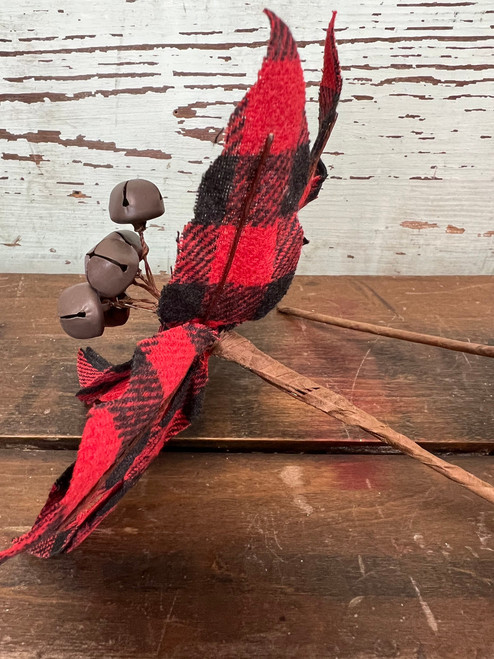 Buffalo Check Jingle Bell Poinsettia Stem - 7" (set of 2) Buffalo Check Jingle Bell Poinsettia Stem - 7" (set of 2)