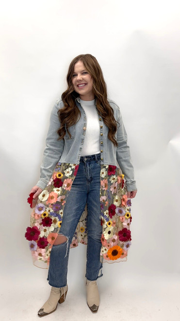 Pretty In Petals Denim Maxi Shirt - Washed Denim