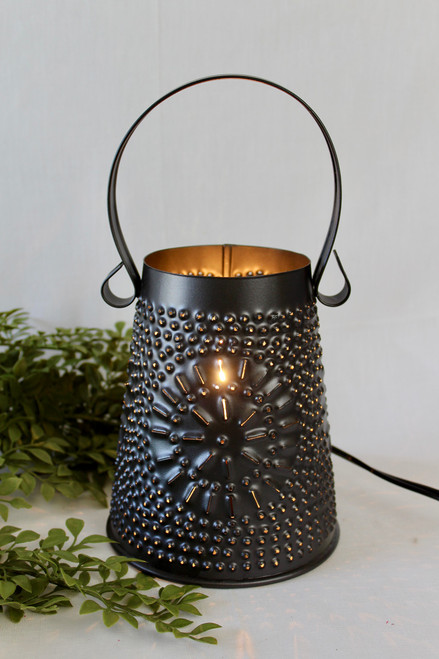 Smoky Black Punched Tin Wax Melter With 40 Watt Bulb Smoky Black Punched Tin Wax Melter With 40 Watt Bulb
