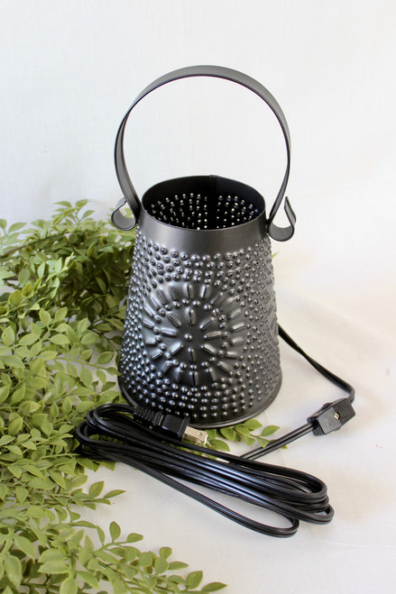 Smoky Black Punched Tin Wax Melter With 40 Watt Bulb Smoky Black Punched Tin Wax Melter With 40 Watt Bulb