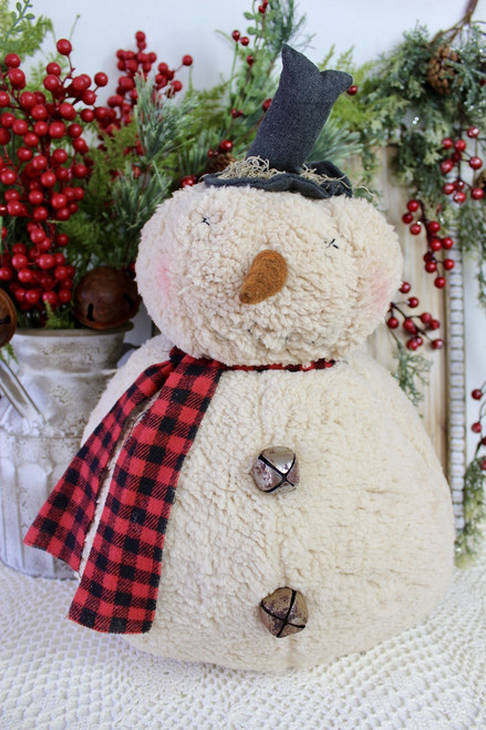 Overstuffed Plush Snowman With Black And Red Scarf