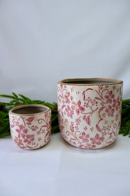Stoneware Planter With Floral Pattern - Set Of 2