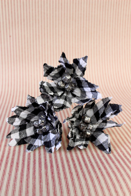 Black And White Buffalo Check Poinsettia Pick (Set Of 3)