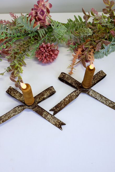 Rustic Bow Taper Holders - Set Of 2