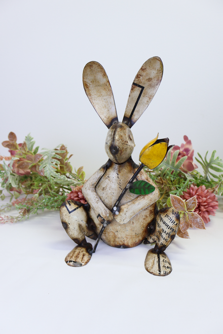 Bunny With Tulip - Recycled Metal