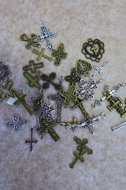 Mixed Metal Cross Charms Set - Silver And Antique Gold