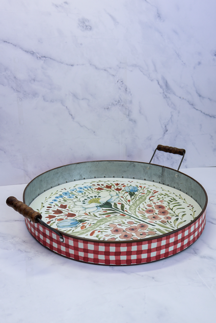 Red Gingham Floral Tray With Handles