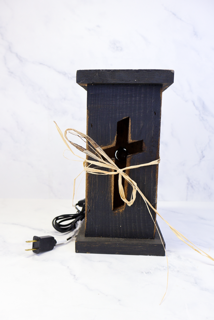 Rustic Black Wooden Cross Light Up Pillar