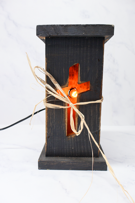 Rustic Black Wooden Cross Light Up Pillar