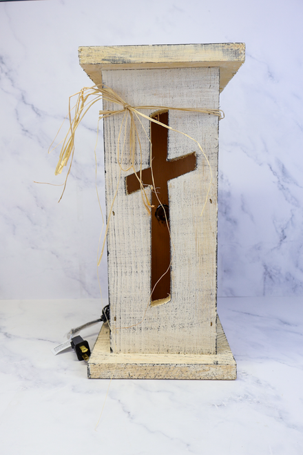 Cream Rustic Wooden Cross Light Up Pillar