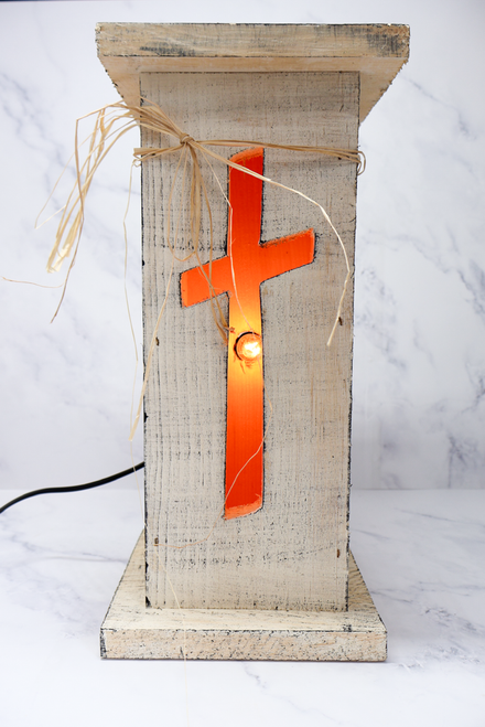Cream Rustic Wooden Cross Light Up Pillar