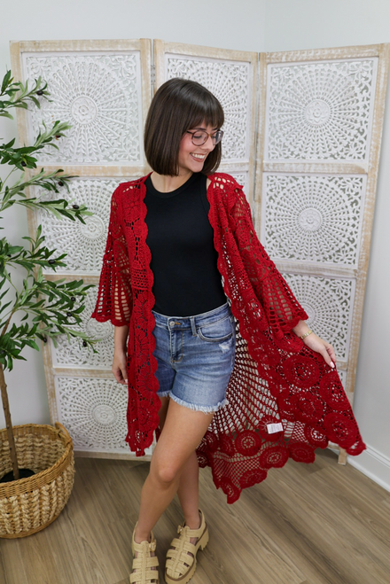 Match Made In Heaven Crochet Cardigan - Red