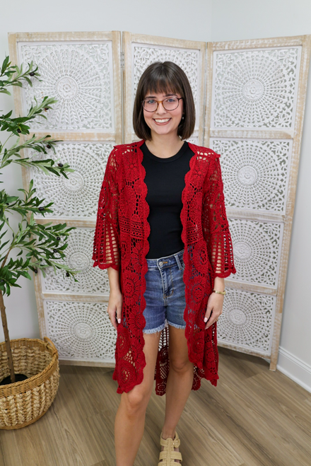 Match Made In Heaven Crochet Cardigan - Red