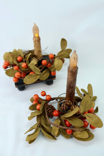 Orange Berry And Green Leaf Mini Candle Ring - Set Of 2