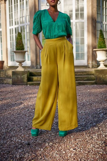 Tailored Wide Leg, Olive, Trouser, Pockets, Mustard, Yellow