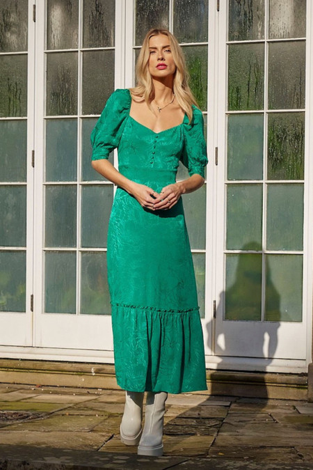 Jacquard Floral Puff Sleeve Midi Dress Green