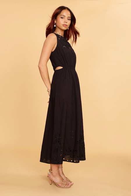 Sleeveless Midi Dress With Broderie Cut-Out In Black