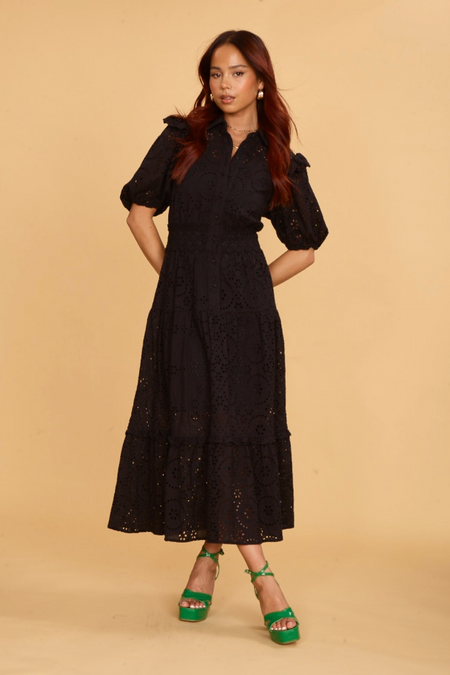 Broderie, Puff Sleeves, Button Up Front, Midi Dress, Ruffle Sleeves, Black Dress