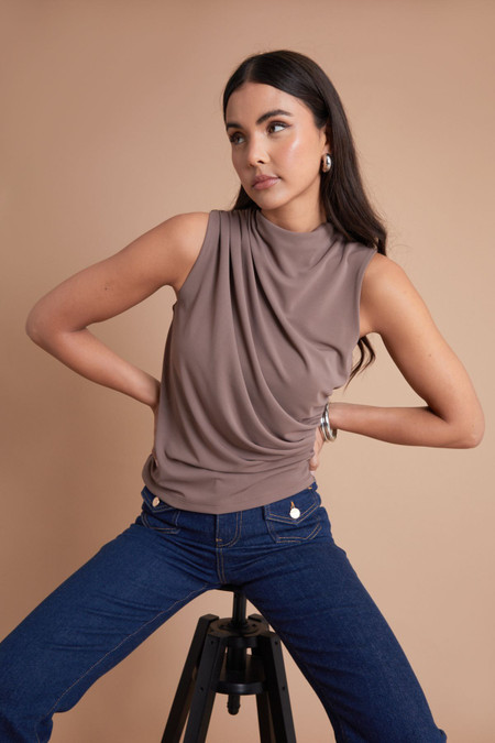 Jersey Ruched Cowl Sleeveless Top in Mocha