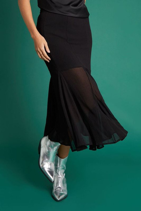 Black Godet Midi Skirt With Seam Detail