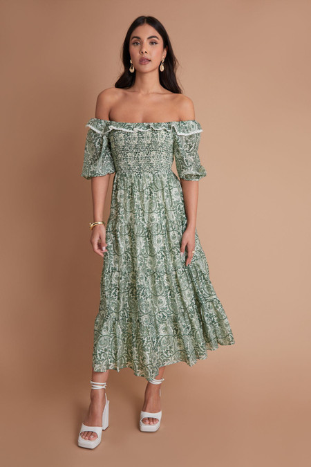 Bardot Milkmaid Lace Trim Detail Green Floral Midi Tiered Dress, Wedding Guest, Bridesmaid