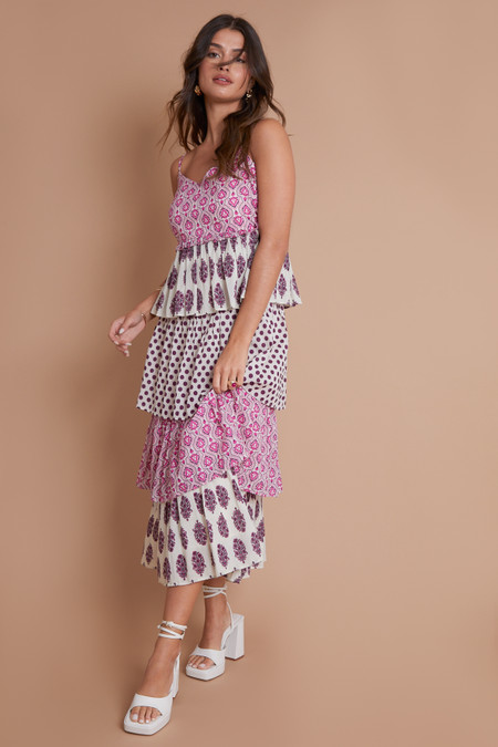 Mix Print Pink Floral Polka Dot Tiered Strappy Cami Midi Dress Holiday, Wedding Guest