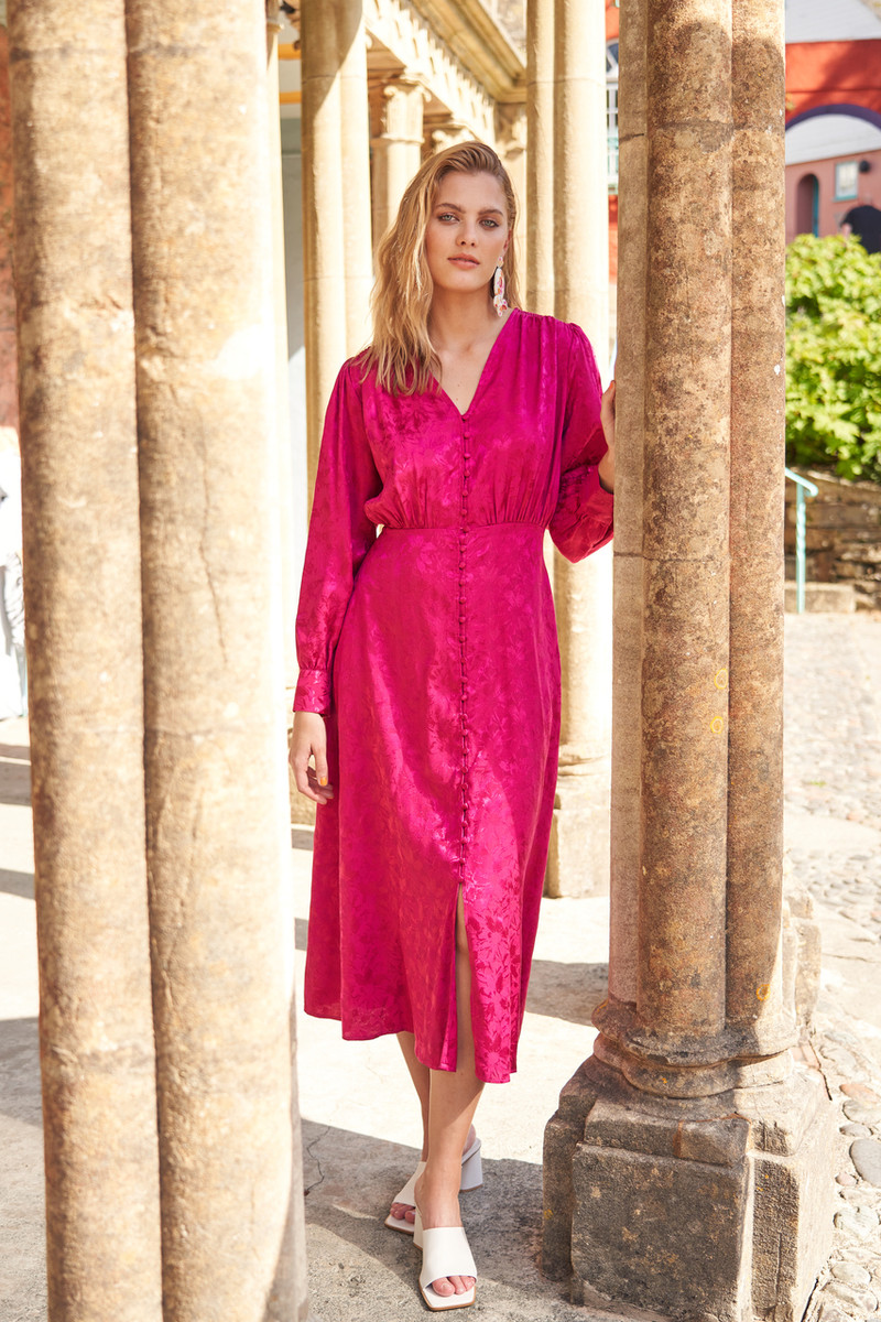 Button Through Jacquard Midi Dress In Pink