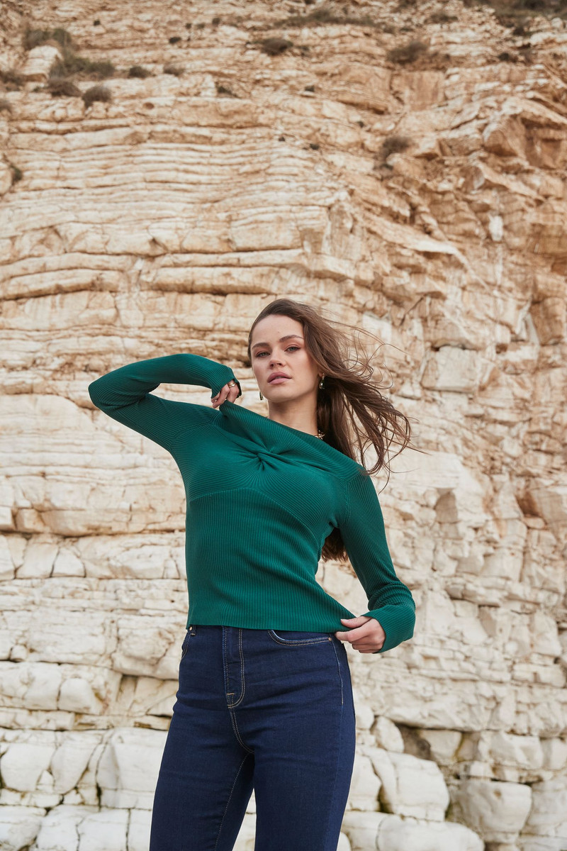 Long Sleeve, Knot Front, Green, Jumper, Crew Neck