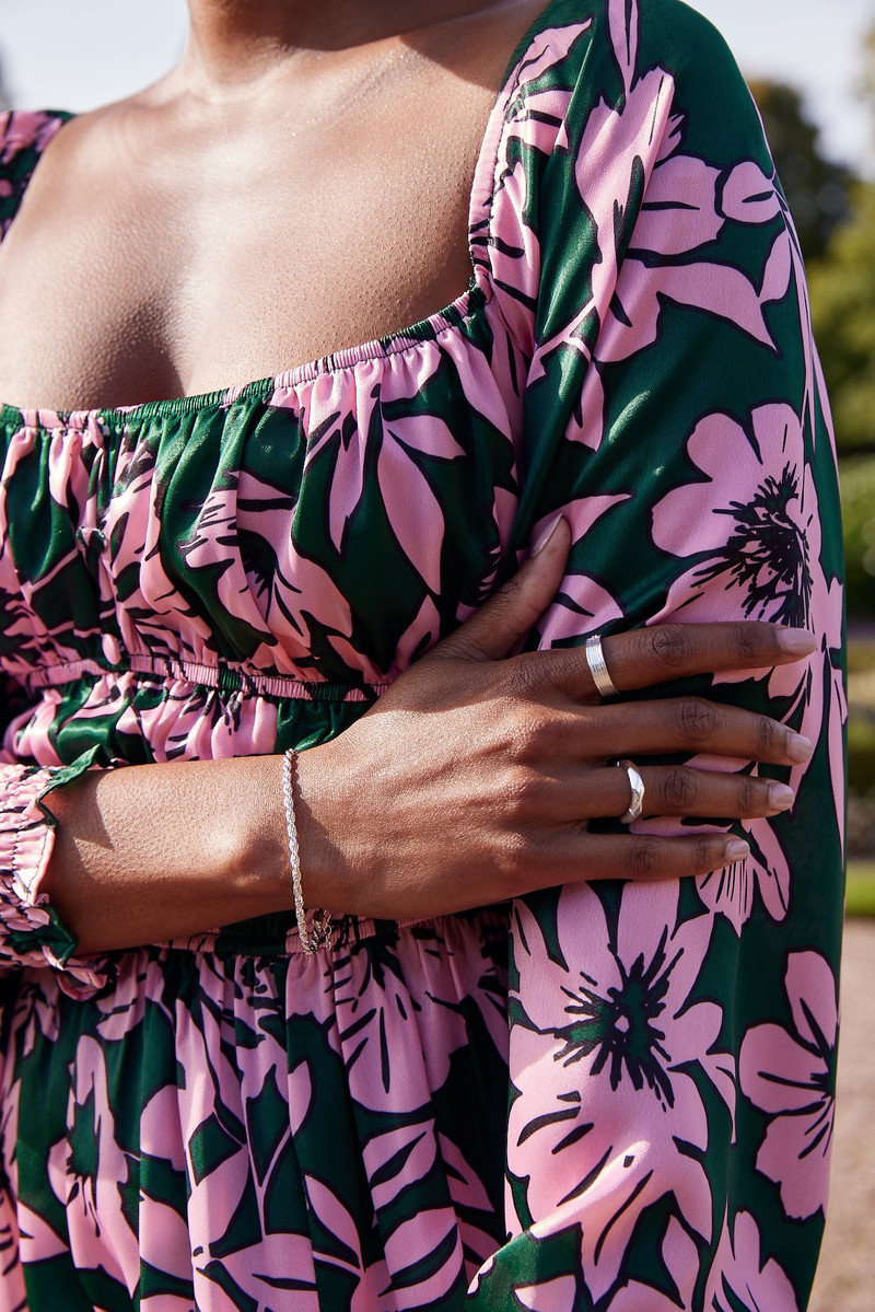 Satin, Floral, Midi Dress, Tie Back, Short Sleeve, Bridal