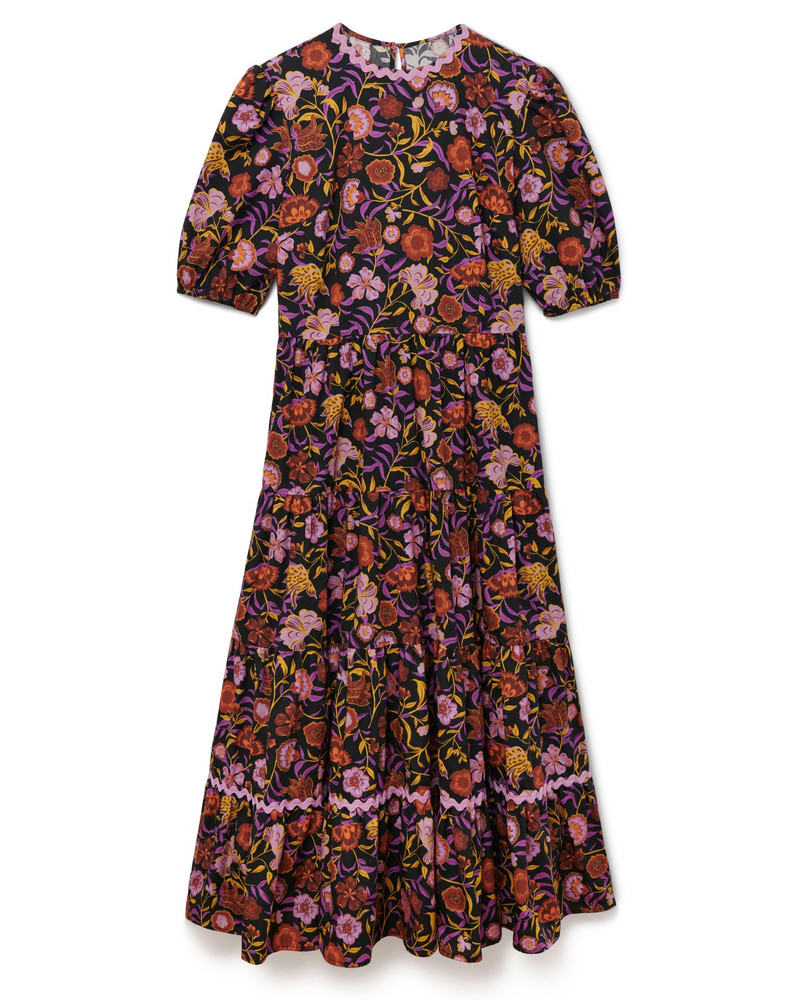 Poplin Puff Sleeve Tiered Midi Smock Dress In Purple