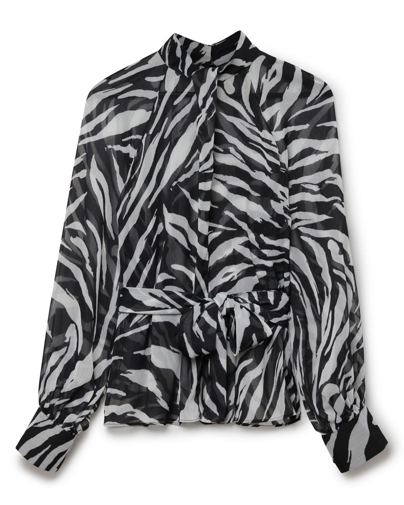 Knot Front, Zebra, Print, Blouse, Long Sleeve, Tie waist, belted