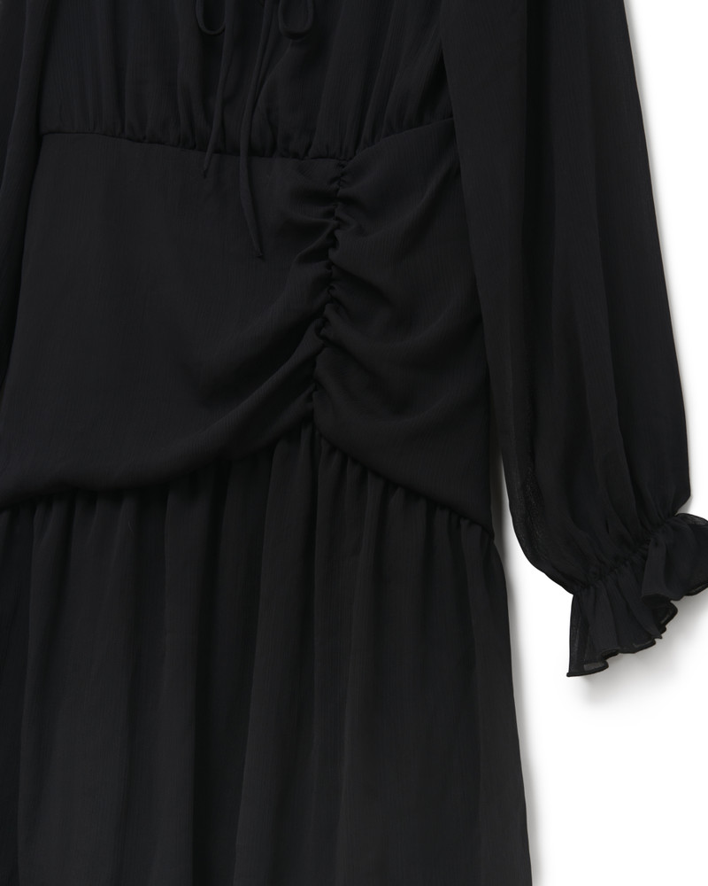 Chiffon, Ruffle, Black, Mini Dress, Long Sleeve, Ruched Side