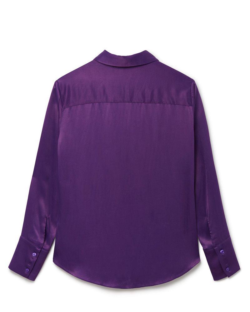 Long Sleeved Satin Shirt With Button Through Front In Purple