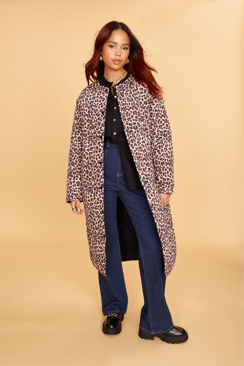 Reversible Longline Padded Coat, Leopard Print and Black, Button through