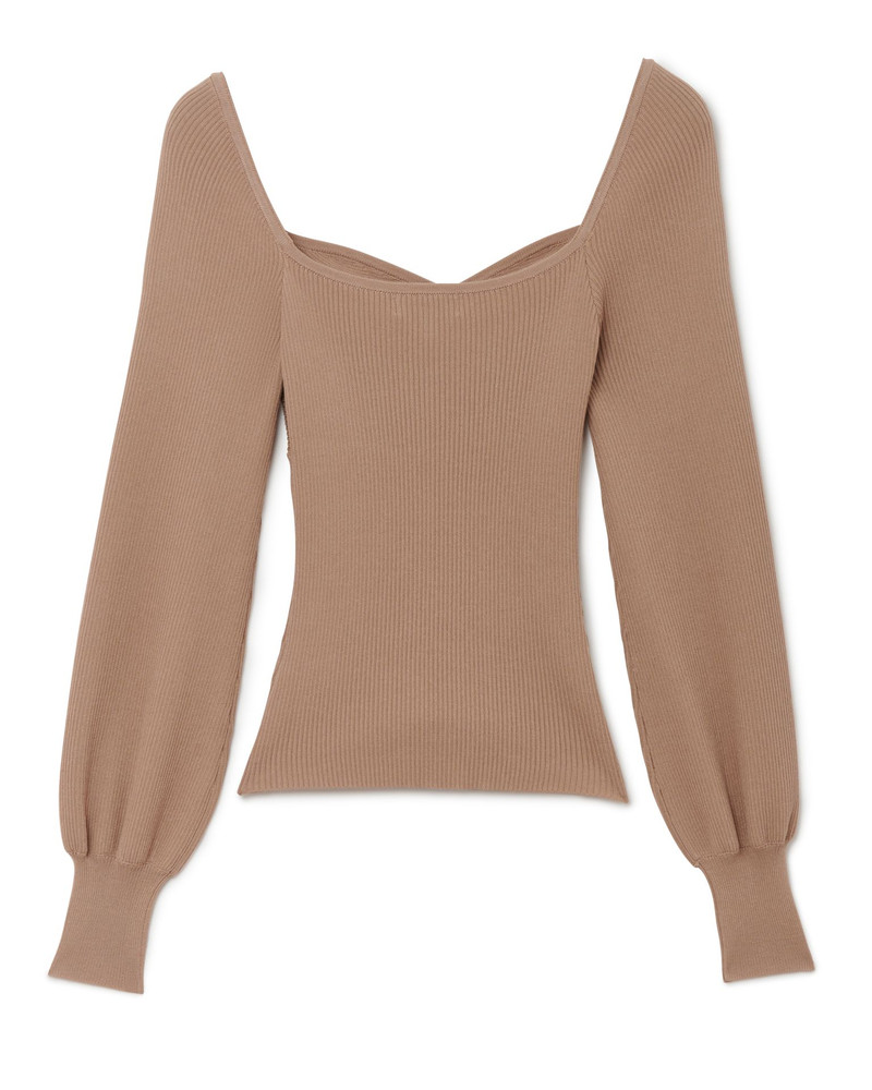 Long Sleeved Knitted Top With Balloon Sleeves And Knot Detail In Beige