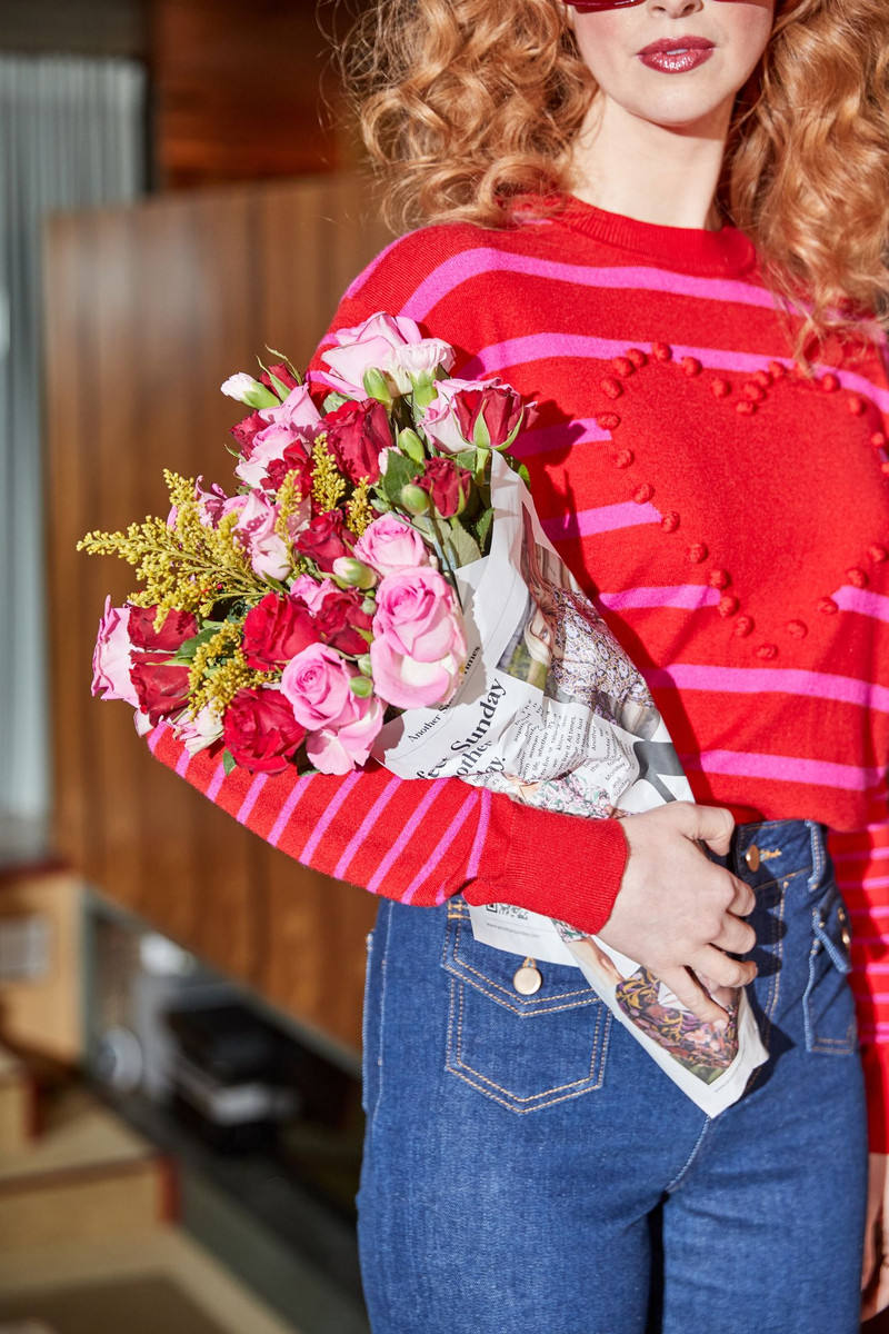 Long Sleeved Knitted Top With Stripe And Heart Detail In Red