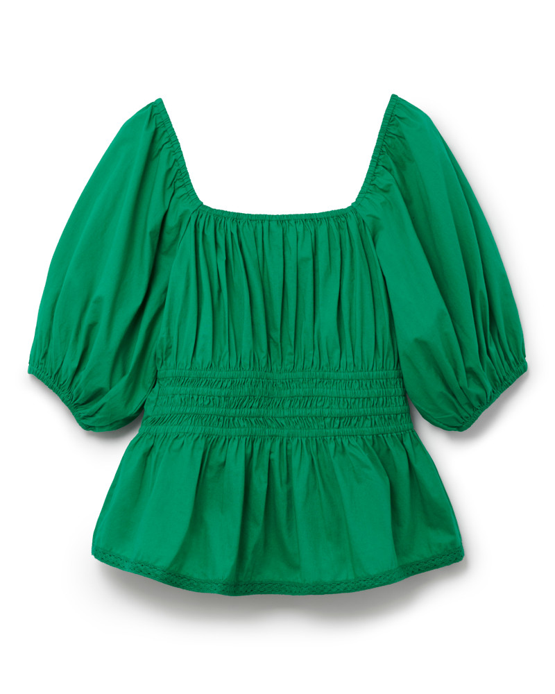 Puff Sleeve Top With Shirred Waist And Button Detail In Green