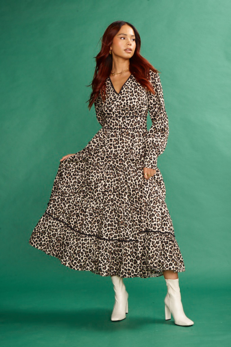 Leopard Print, Midi Tiered Skirt, V Neck, Piping Detail on Neck, Long Sleeve, Midi Dress, Cotton Poplin