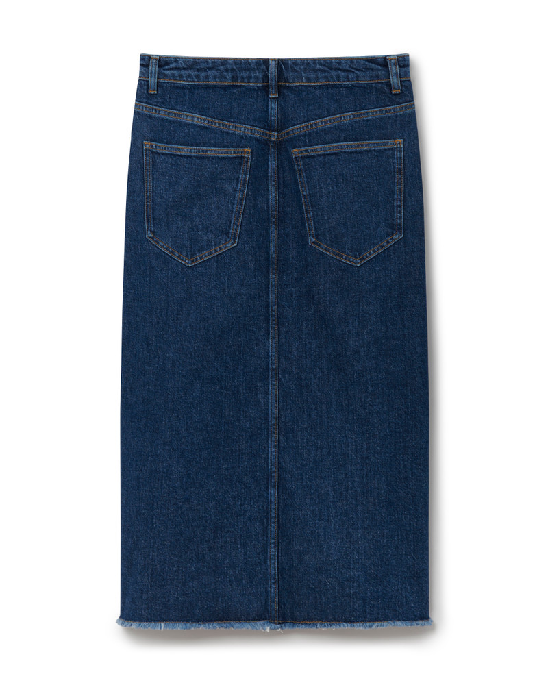 Denim Midi Skirt With Middle Seam Slit In Blue