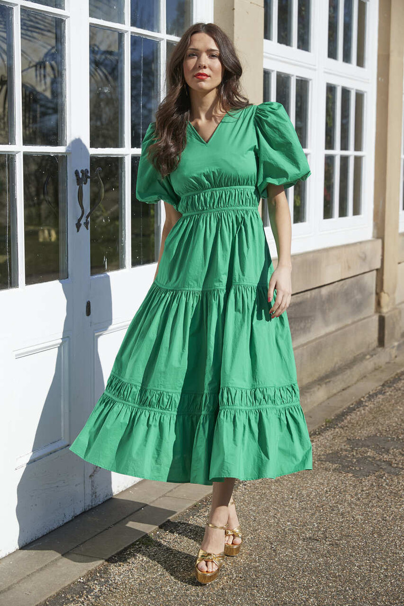 Tiered Midi Dress With Puff Sleeves in Green