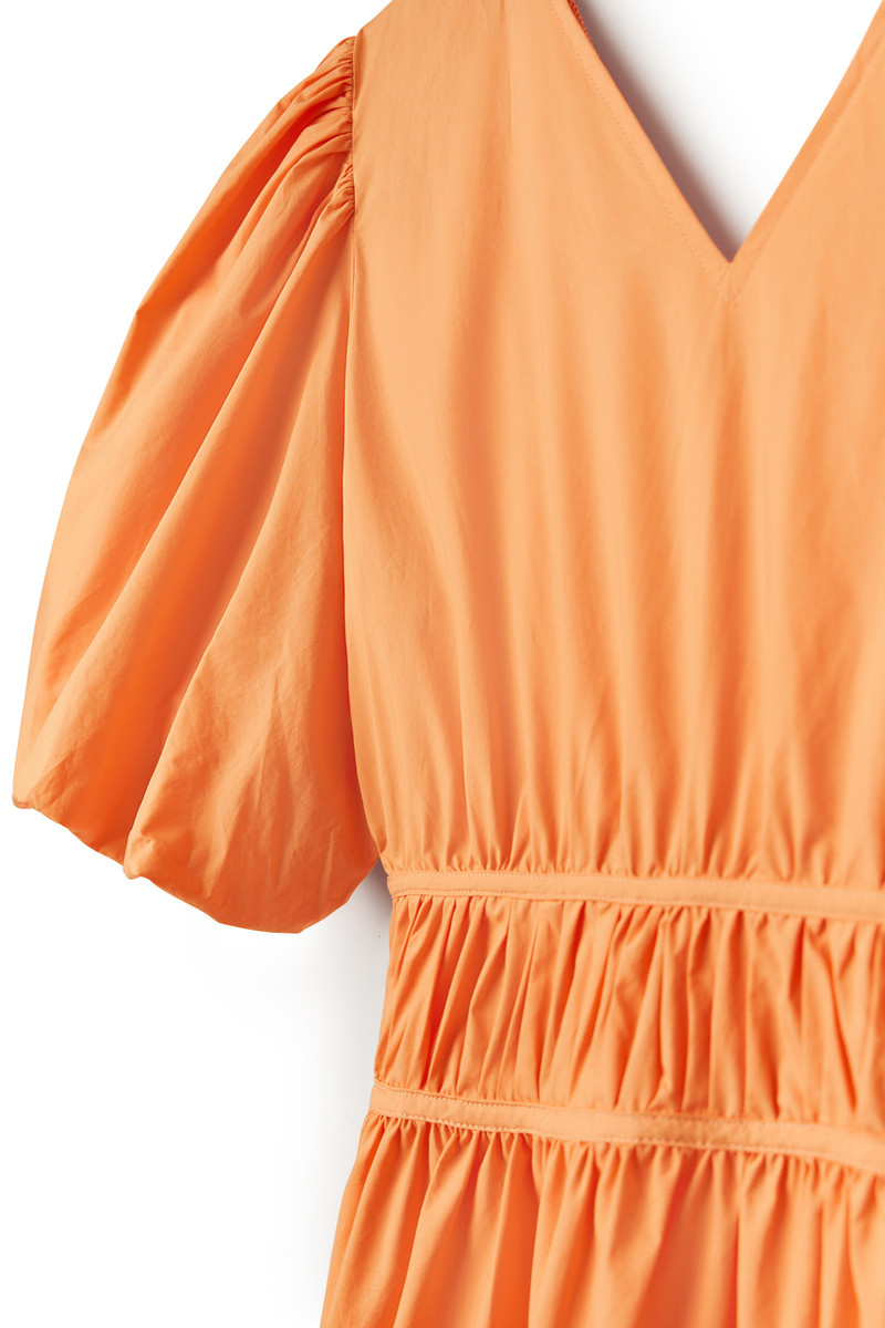 Orange, Midi, Dress, Puff Sleeve, Bridal, V Neck, Wedding Guest, Bridal