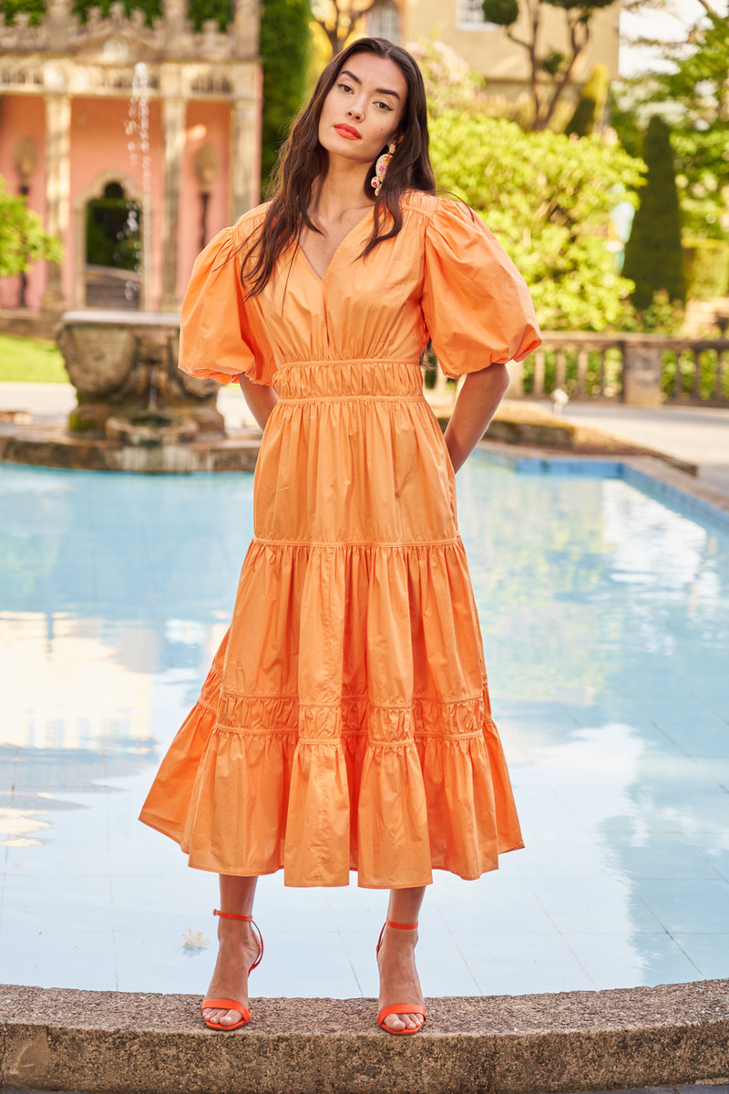 Orange, Midi, Dress, Puff Sleeve, Bridal, V Neck, Wedding Guest, Bridal